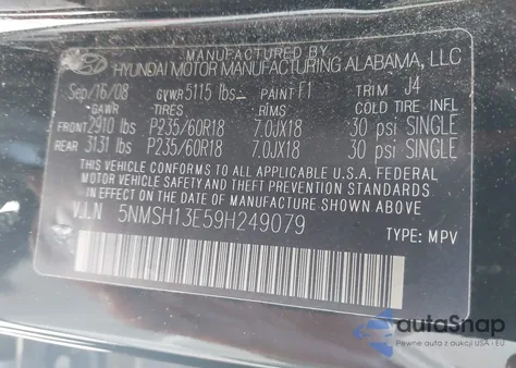 2009 Hyundai Santa Fe Se from USA, damaged, VIN 5NMSH13E59H249079